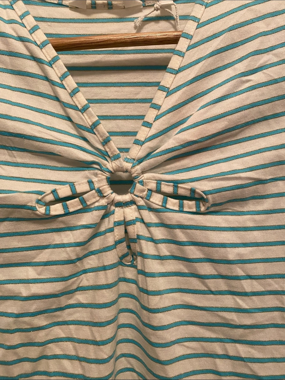 NAF NAF Light Blue & White Striped V-Neck Tee with Knot Ring size S - Picture 3 of 3